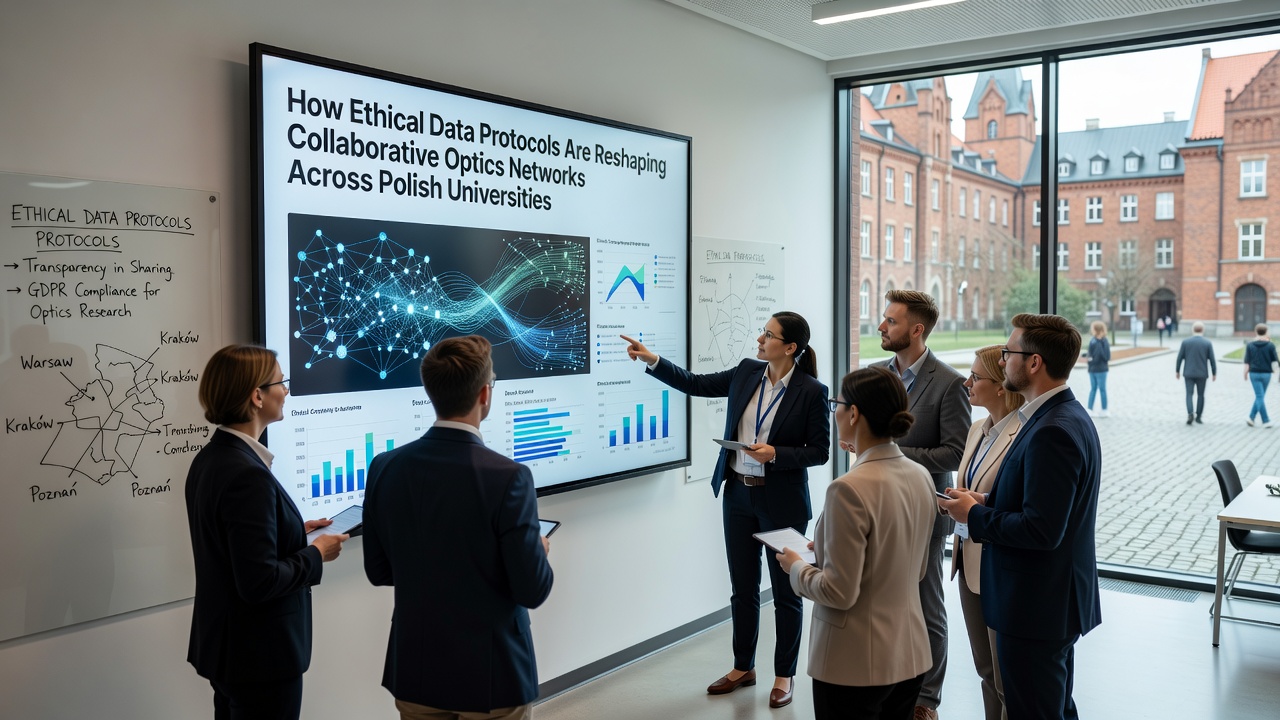 Researchers reviewing ethical data compliance dashboards for optics collaboration projects